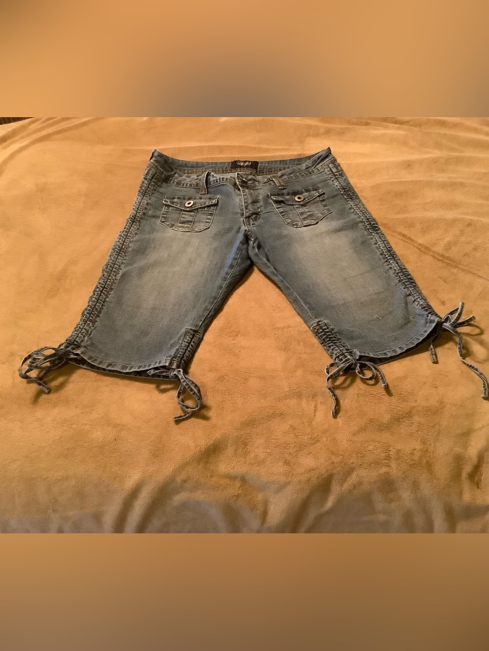 Angels Washed Blue Denim Bermuda Shorts with Side Ties